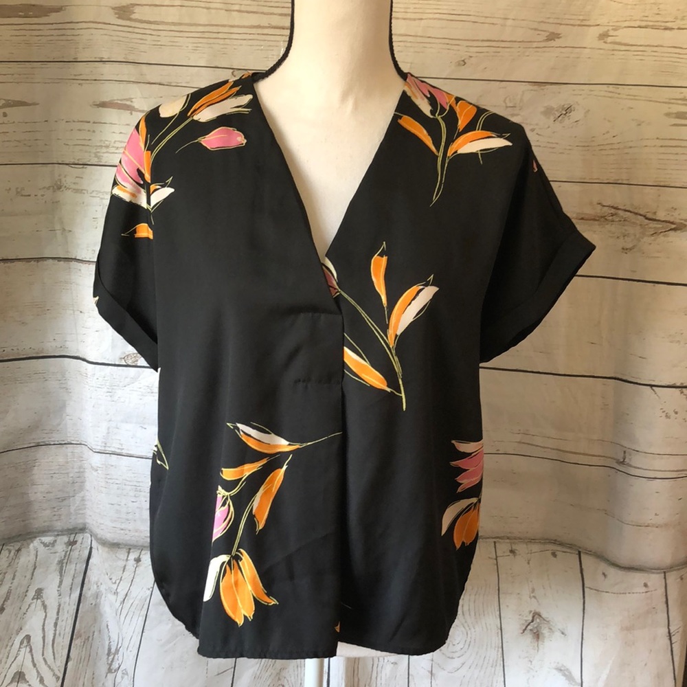 Silky black floral v-neck blouse